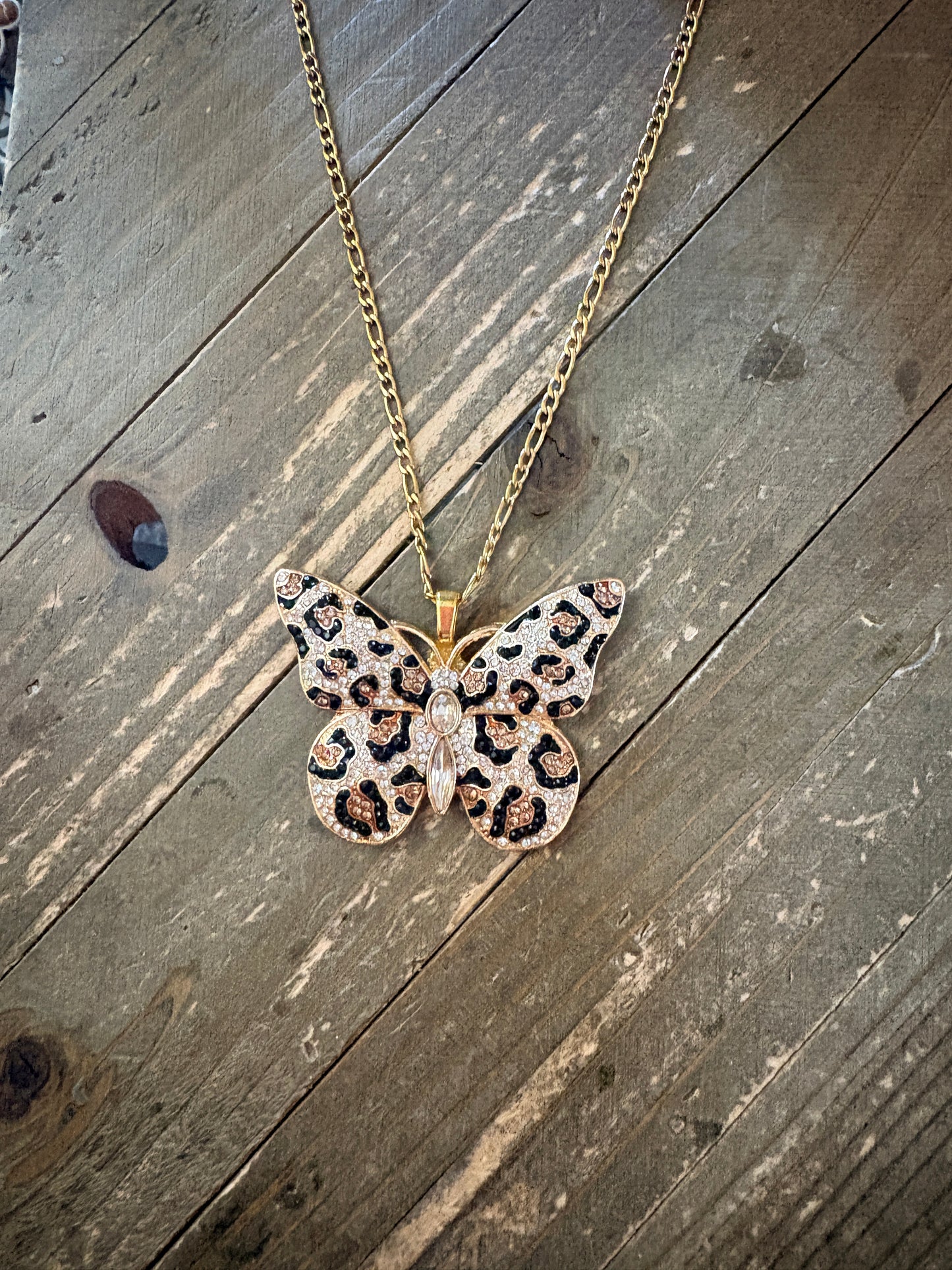 Leopard Print Rhinestone Butterfly Pendant Necklace — 18K Gold Figaro Chain
