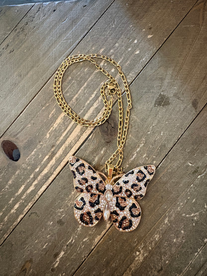 Leopard Print Rhinestone Butterfly Pendant Necklace — 18K Gold Figaro Chain