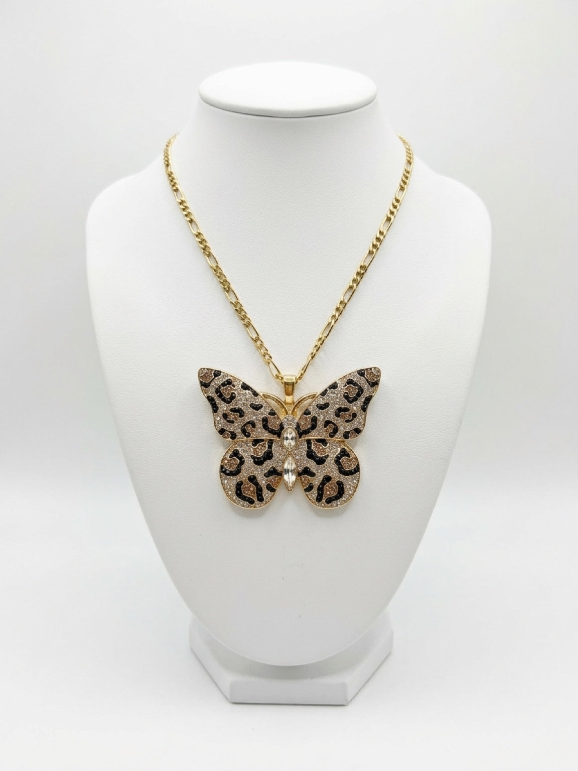 Leopard Print Rhinestone Butterfly Pendant Necklace — 18K Gold Figaro Chain