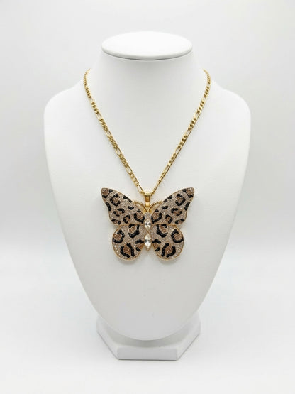 Leopard Print Rhinestone Butterfly Pendant Necklace — 18K Gold Figaro Chain