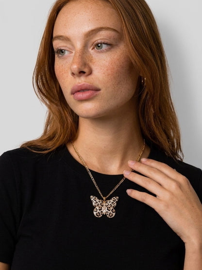 Leopard Print Rhinestone Butterfly Pendant Necklace — 18K Gold Figaro Chain
