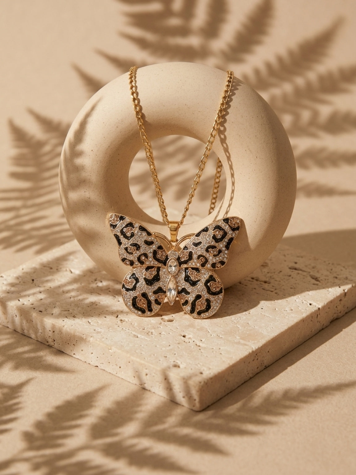 Leopard Print Rhinestone Butterfly Pendant Necklace — 18K Gold Figaro Chain