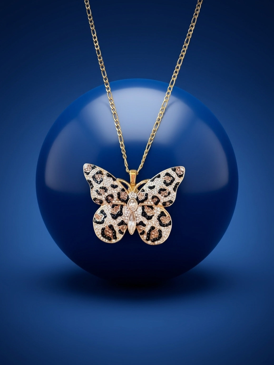 Leopard Print Rhinestone Butterfly Pendant Necklace — 18K Gold Figaro Chain