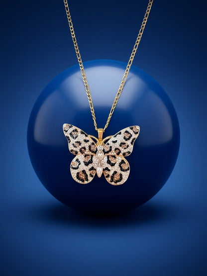 Leopard Print Rhinestone Butterfly Pendant Necklace — 18K Gold Figaro Chain