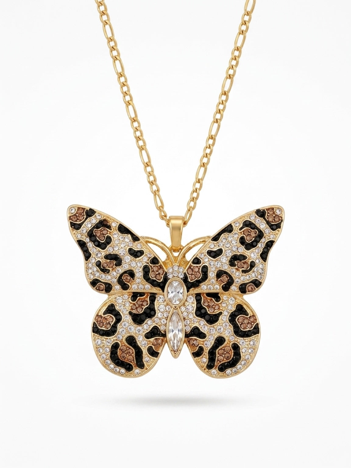 Leopard Print Rhinestone Butterfly Pendant Necklace — 18K Gold Figaro Chain