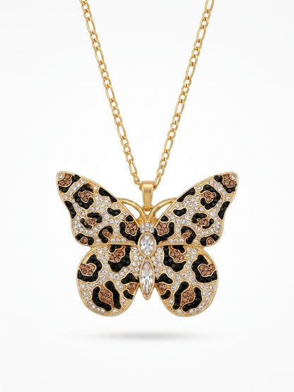 Leopard Print Rhinestone Butterfly Pendant Necklace — 18K Gold Figaro Chain