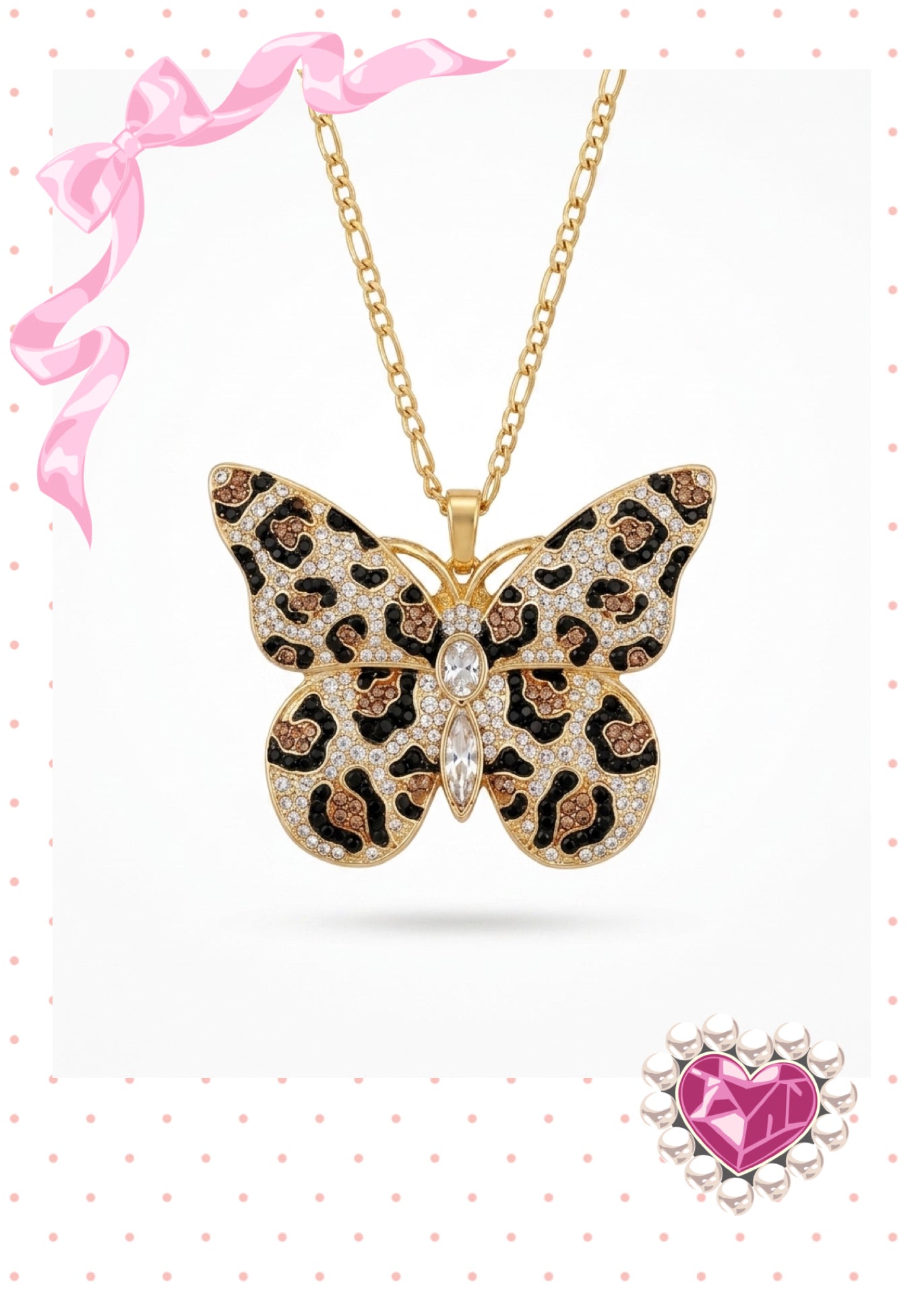 Leopard Print Rhinestone Butterfly Pendant Necklace — 18K Gold Figaro Chain