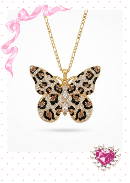 Leopard Print Rhinestone Butterfly Pendant Necklace — 18K Gold Figaro Chain