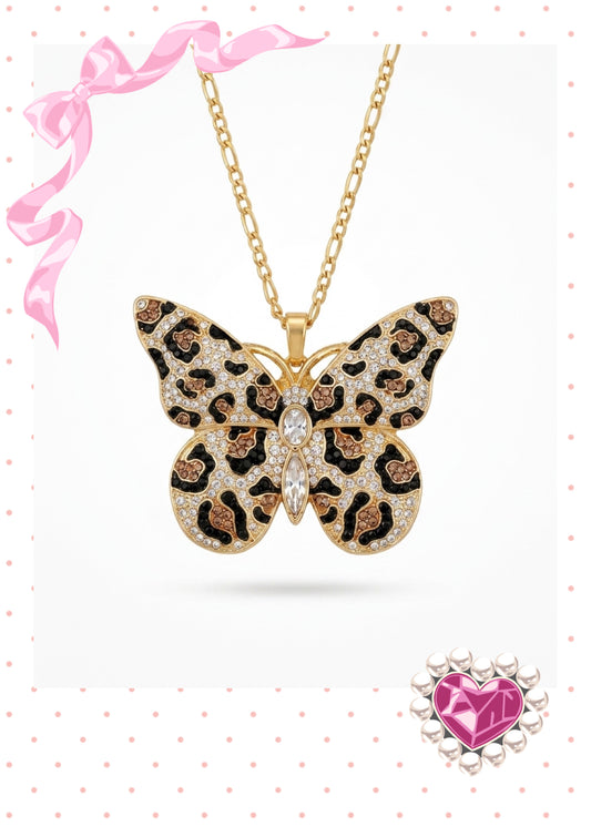 Leopard Print Rhinestone Butterfly Pendant Necklace — 18K Gold Figaro Chain
