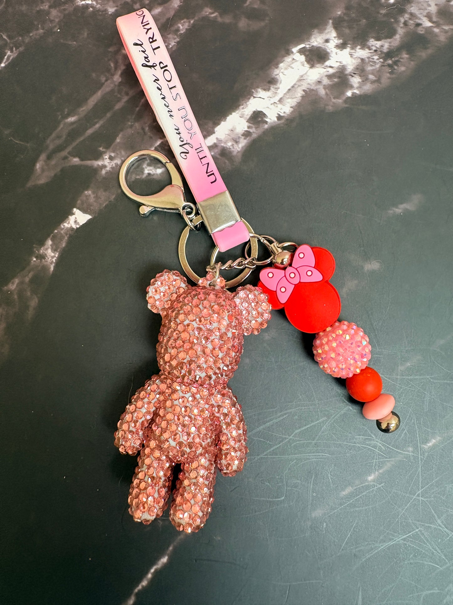Pink Bling Bear Wristlet Keychain — Rhinestone Bear Charm & Mouse Ear Bead Strand