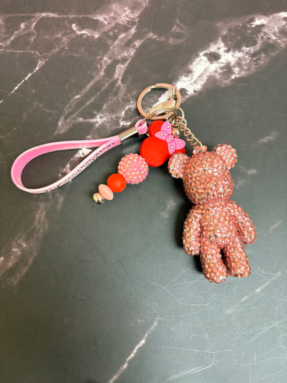 Pink Bling Bear Wristlet Keychain — Rhinestone Bear Charm & Mouse Ear Bead Strand