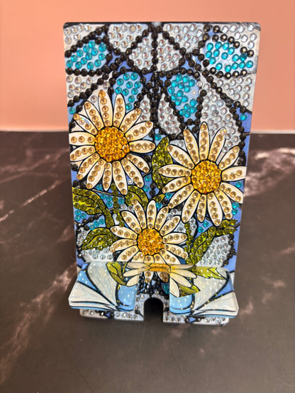 Diamond Art Daisy Cell Phone Holder — Acrylic Phone Stand, Hand-Decorated