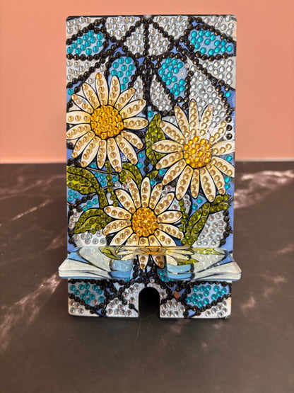 Diamond Art Daisy Cell Phone Holder — Acrylic Phone Stand, Hand-Decorated