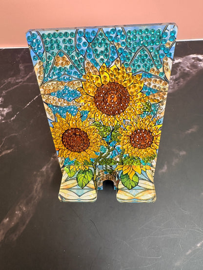 Diamond Art Sunflower Cell Phone Holder — Phone Stand, Hand-Decorated