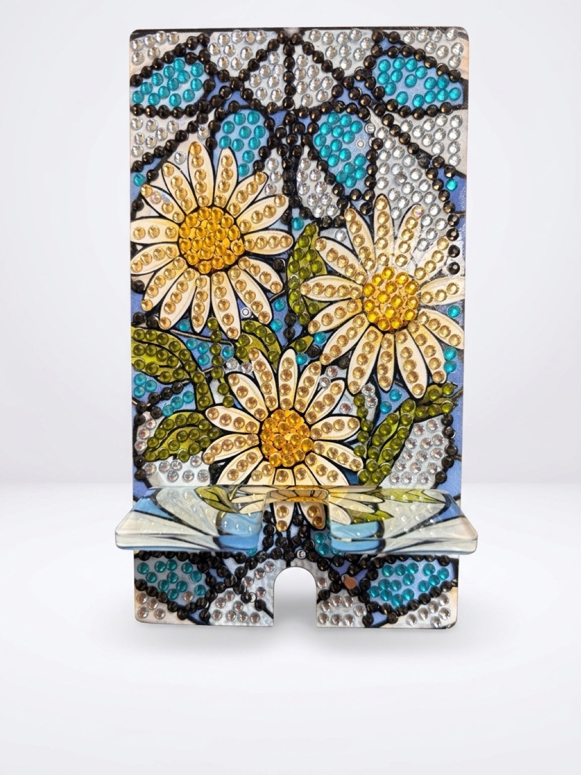 Diamond Art Daisy Cell Phone Holder — Acrylic Phone Stand, Hand-Decorated