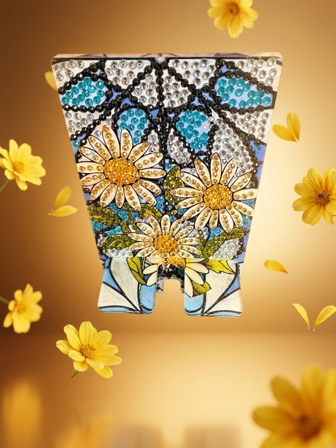 Diamond Art Daisy Cell Phone Holder — Acrylic Phone Stand, Hand-Decorated