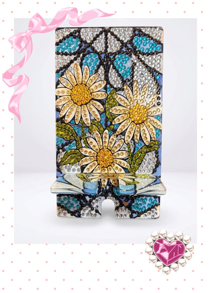 Diamond Art Daisy Cell Phone Holder — Acrylic Phone Stand, Hand-Decorated