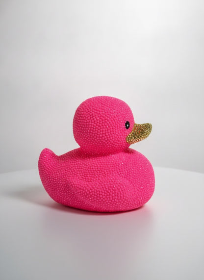Bedazzled Large Rubber Duck — Hot Pink Rhinestone Bling Figurine with Gold Beak