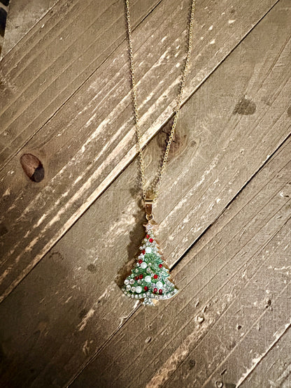 Rhinestone Christmas Tree Pendant Necklace — Gold Plated Stainless Steel Chain
