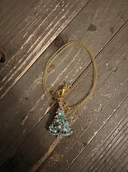Rhinestone Christmas Tree Pendant Necklace — Gold Plated Stainless Steel Chain