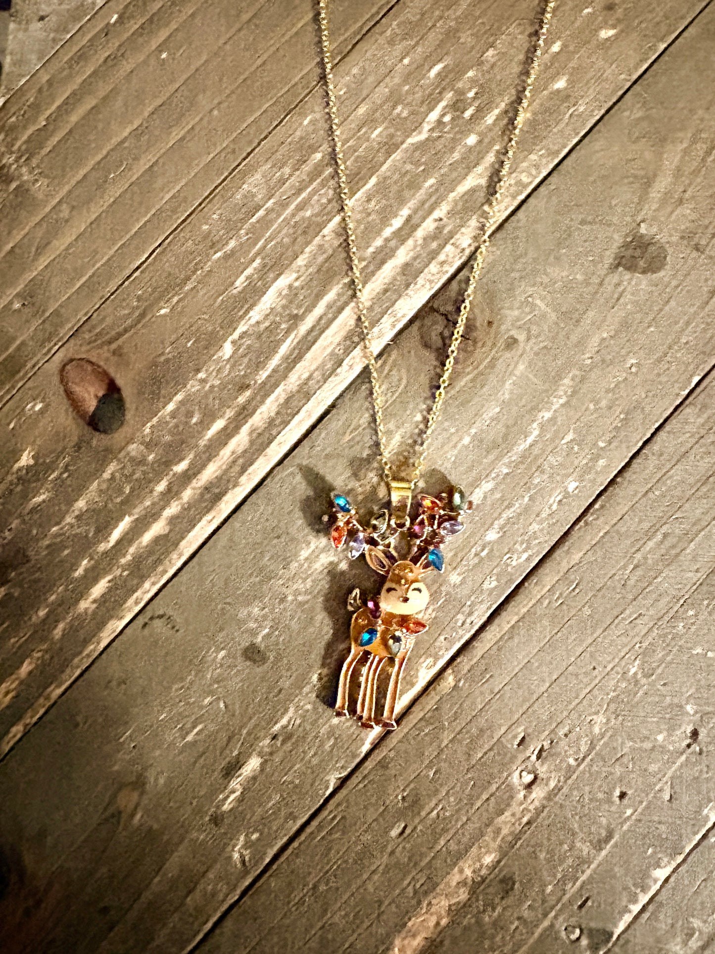 Reindeer with Christmas Lights Pendant Necklace — Gold Plated Stainless Steel Chain