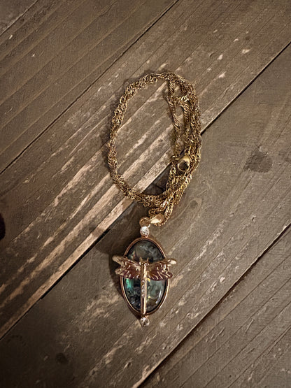 Iridescent Dragonfly Oval Pendant Necklace – Rhinestone Gold Chain Jewelry