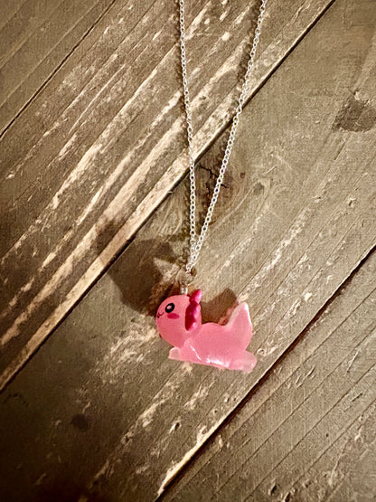 Kawaii Pink Axolotl Acrylic Pendant Necklace — Silver Stainless Steel Chain