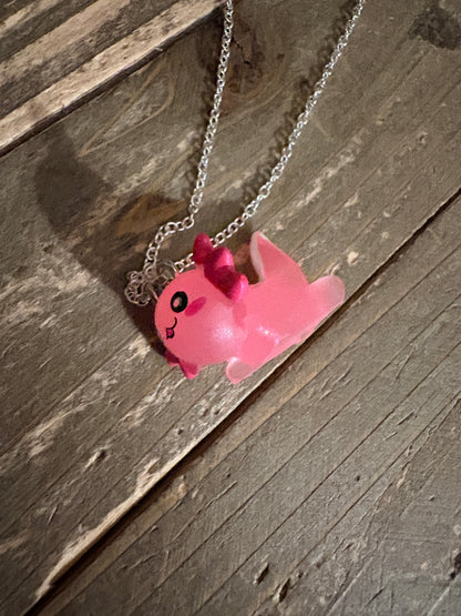 Kawaii Pink Axolotl Acrylic Pendant Necklace — Silver Stainless Steel Chain