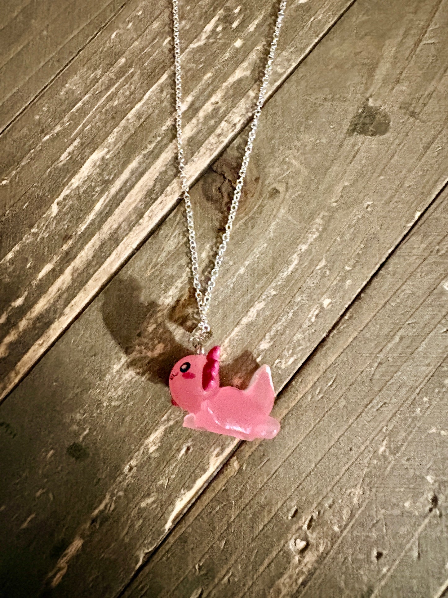 Kawaii Pink Axolotl Acrylic Pendant Necklace — Silver Stainless Steel Chain