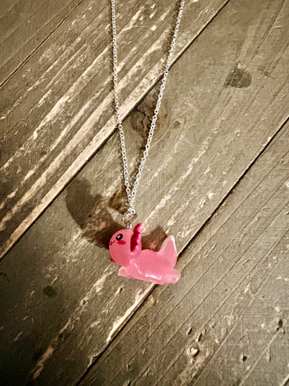 Kawaii Pink Axolotl Acrylic Pendant Necklace — Silver Stainless Steel Chain