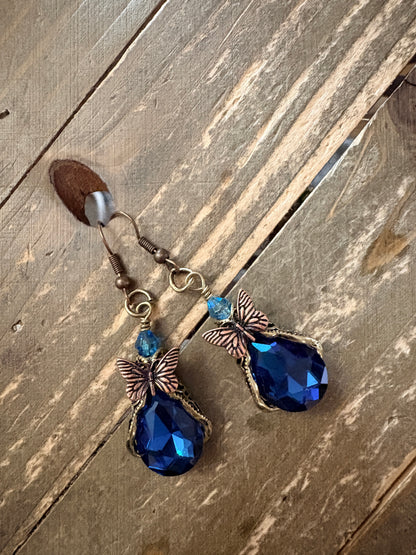 Butterfly Teardrop Glass Charm Dangle Earrings — Sapphire Blue Faceted Stone