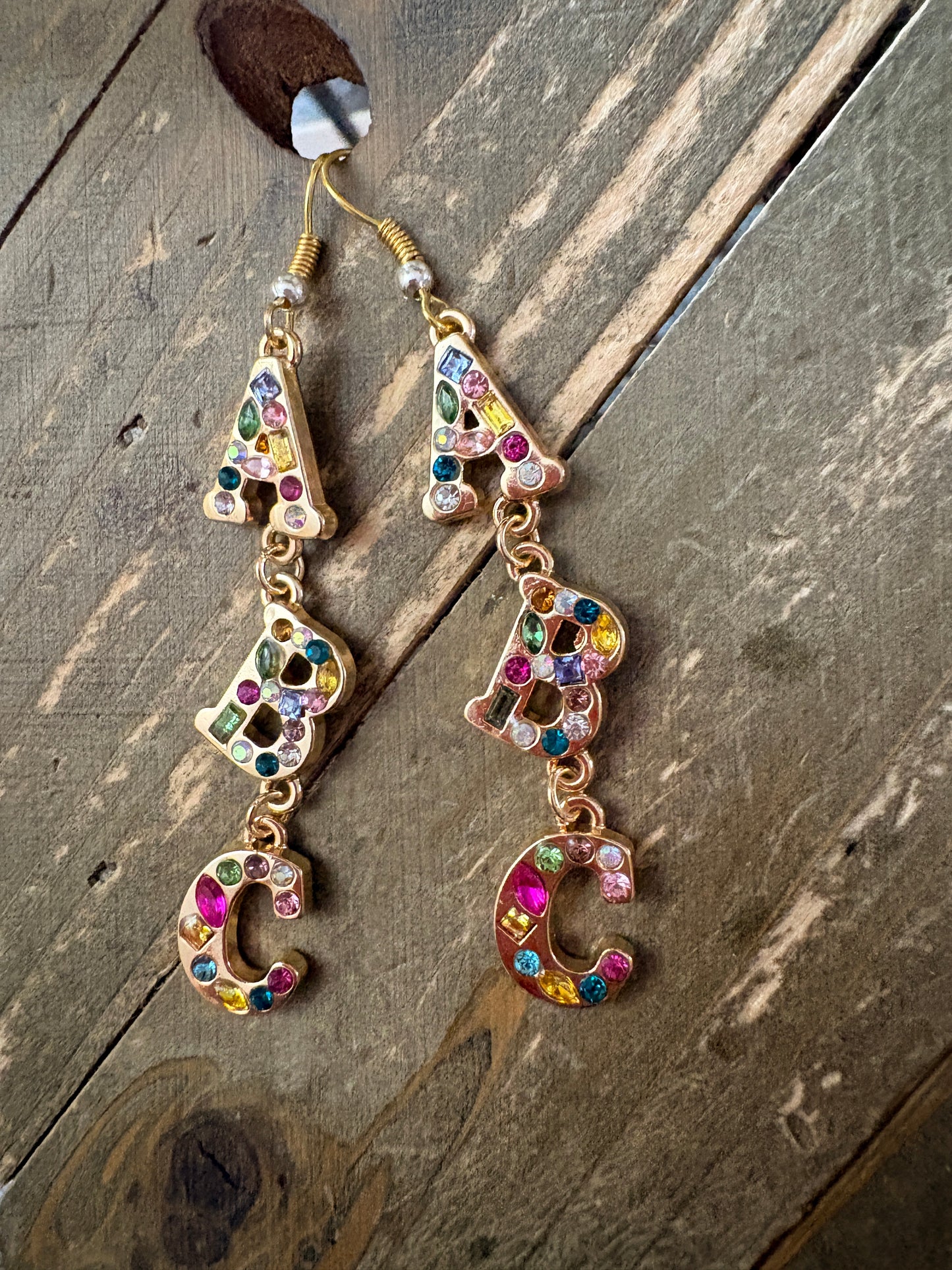 ABC Rhinestone Dangle Earrings — Colorful Letter Charm Wire Earrings