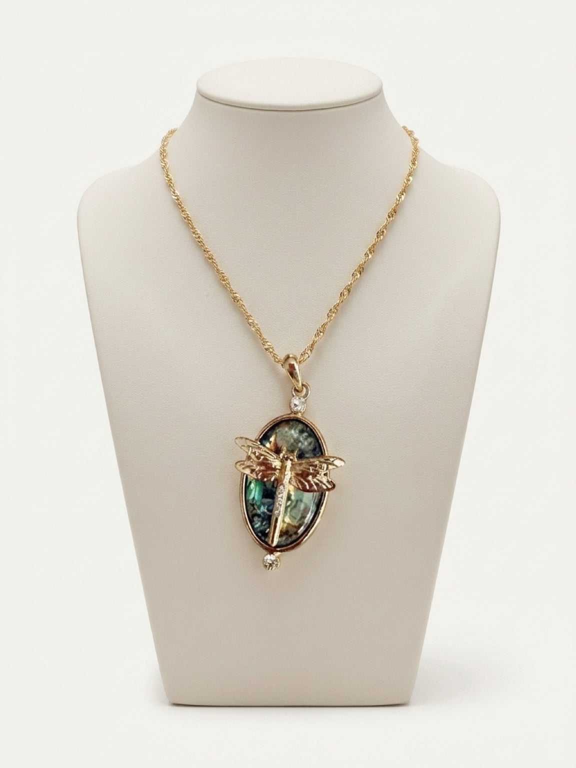 Iridescent Dragonfly Oval Pendant Necklace – Rhinestone Gold Chain Jewelry