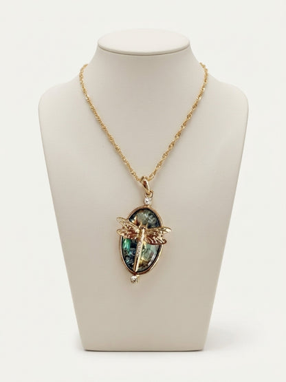 Iridescent Dragonfly Oval Pendant Necklace – Rhinestone Gold Chain Jewelry