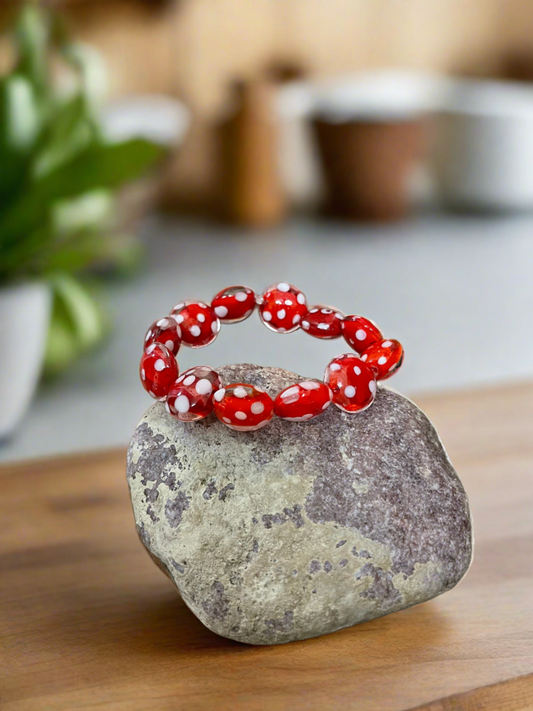 Red with White Dots Glass Beaded Elastic Bracelet