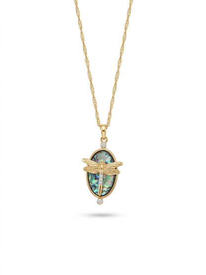 Iridescent Dragonfly Oval Pendant Necklace – Rhinestone Gold Chain Jewelry