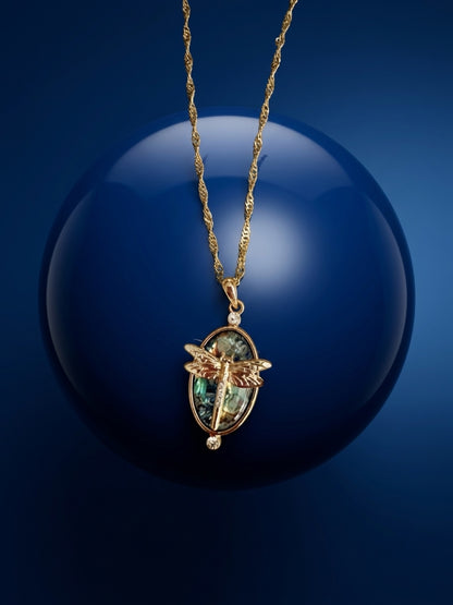 Iridescent Dragonfly Oval Pendant Necklace – Rhinestone Gold Chain Jewelry