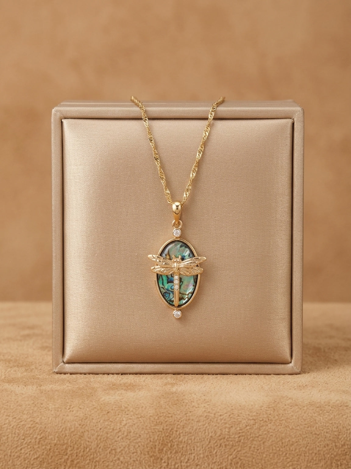 Iridescent Dragonfly Oval Pendant Necklace – Rhinestone Gold Chain Jewelry