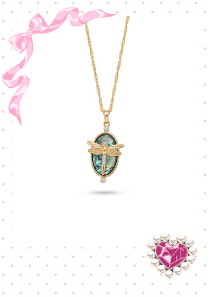 Iridescent Dragonfly Oval Pendant Necklace – Rhinestone Gold Chain Jewelry