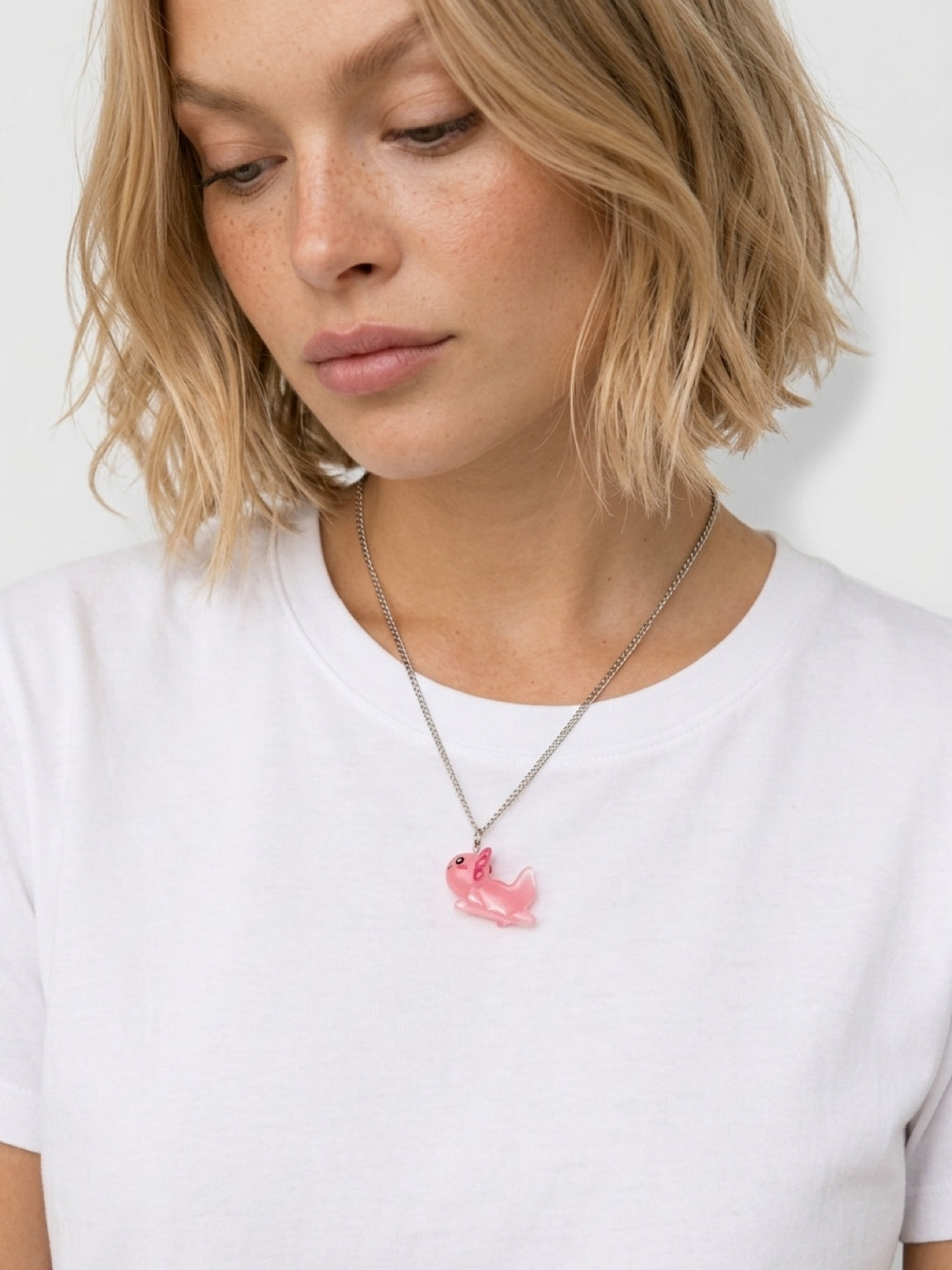 Kawaii Pink Axolotl Acrylic Pendant Necklace — Silver Stainless Steel Chain