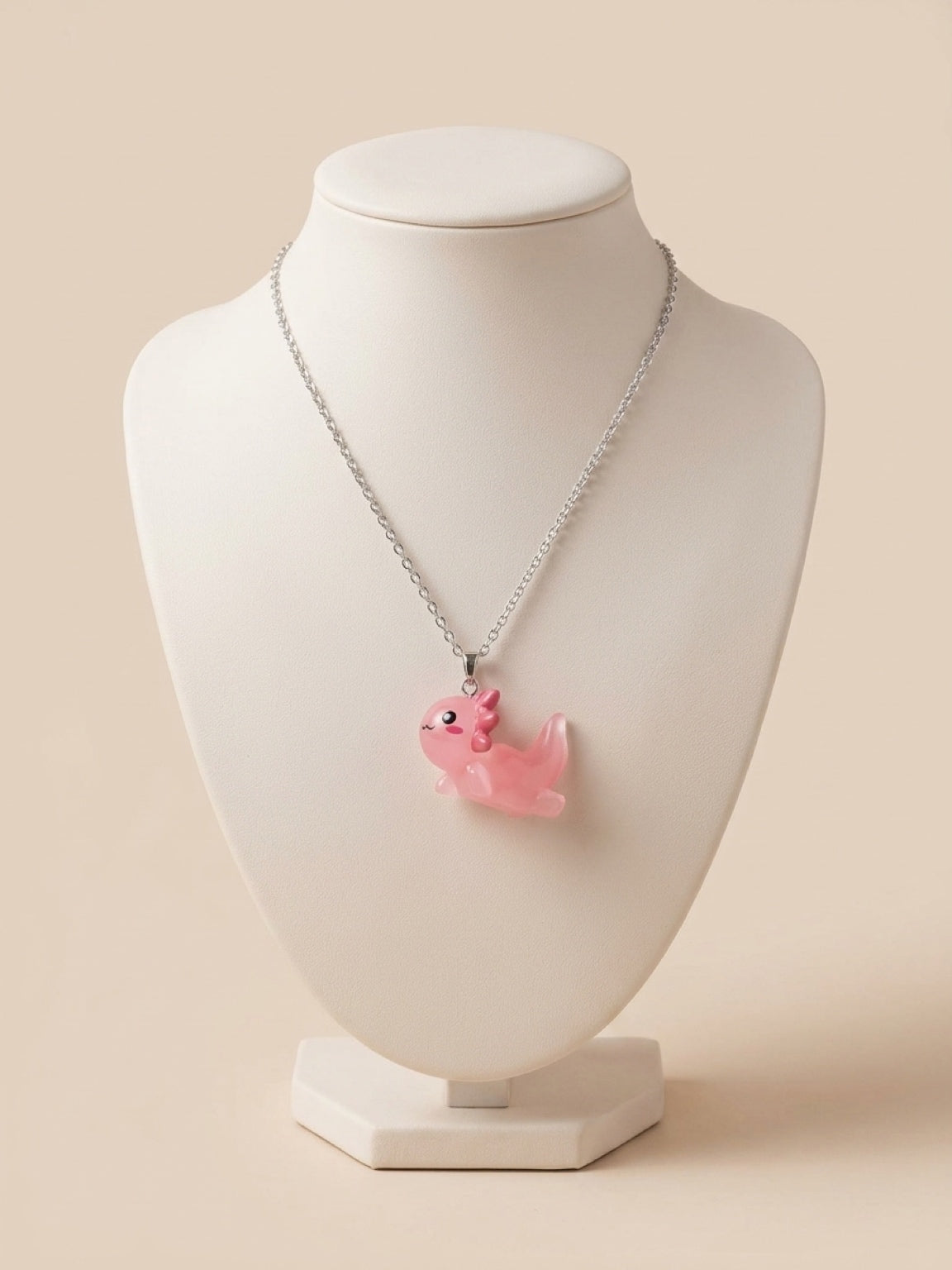 Kawaii Pink Axolotl Acrylic Pendant Necklace — Silver Stainless Steel Chain