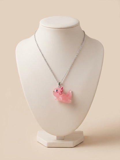 Kawaii Pink Axolotl Acrylic Pendant Necklace — Silver Stainless Steel Chain