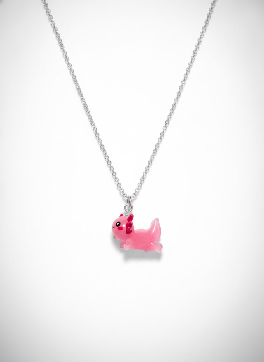 Kawaii Pink Axolotl Acrylic Pendant Necklace — Silver Stainless Steel Chain
