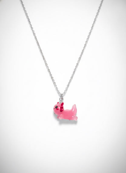 Kawaii Pink Axolotl Acrylic Pendant Necklace — Silver Stainless Steel Chain
