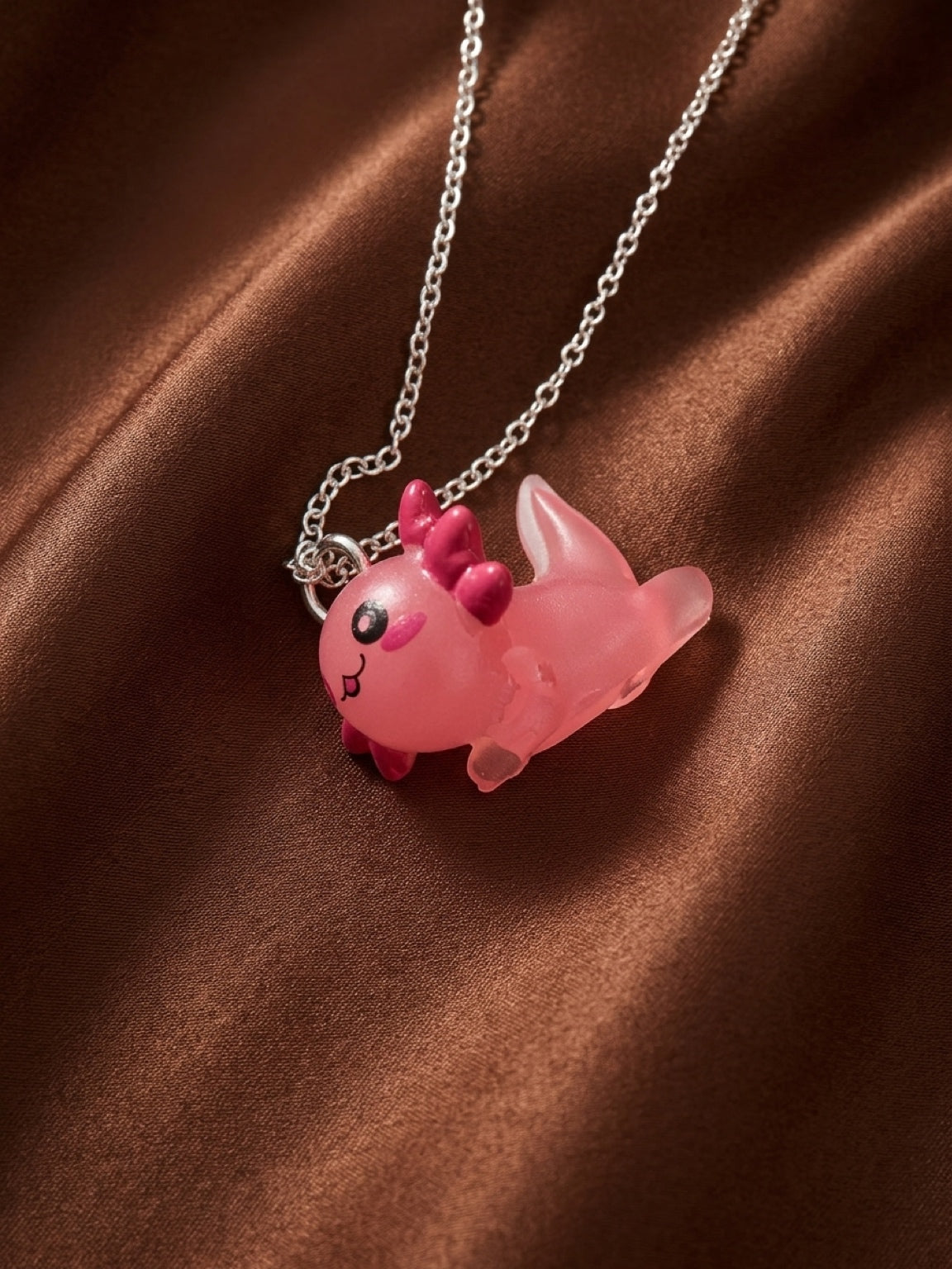 Kawaii Pink Axolotl Acrylic Pendant Necklace — Silver Stainless Steel Chain