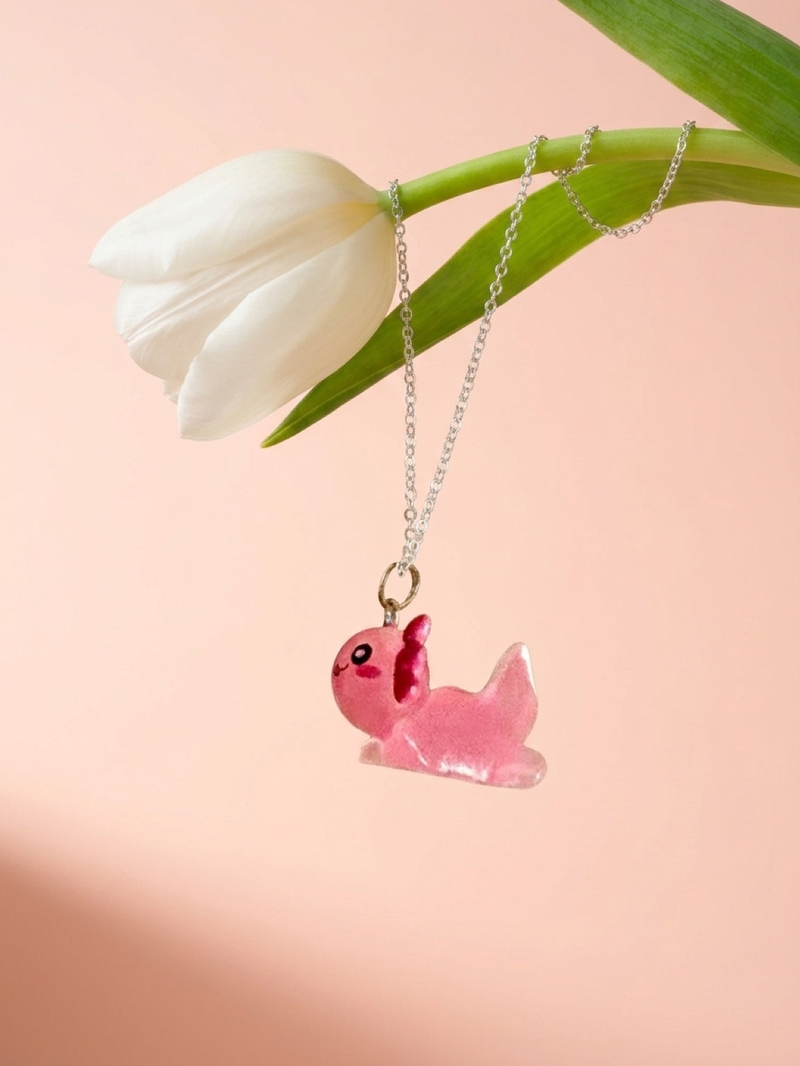 Kawaii Pink Axolotl Acrylic Pendant Necklace — Silver Stainless Steel Chain