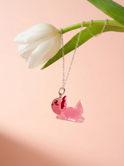 Kawaii Pink Axolotl Acrylic Pendant Necklace — Silver Stainless Steel Chain