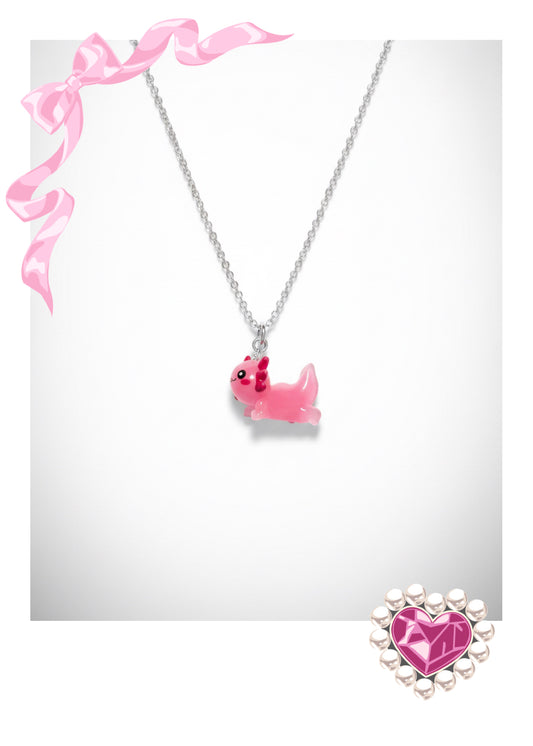 Kawaii Pink Axolotl Acrylic Pendant Necklace — Silver Stainless Steel Chain