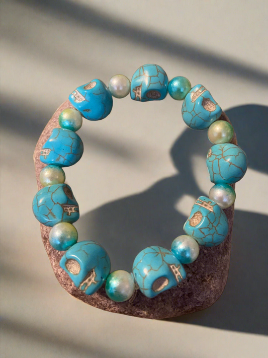 Turquoise Skull Stone and Plastic blue/White swirl Pearl  Beaded Elastic/Stretch BraceletPink tiful of LOVE