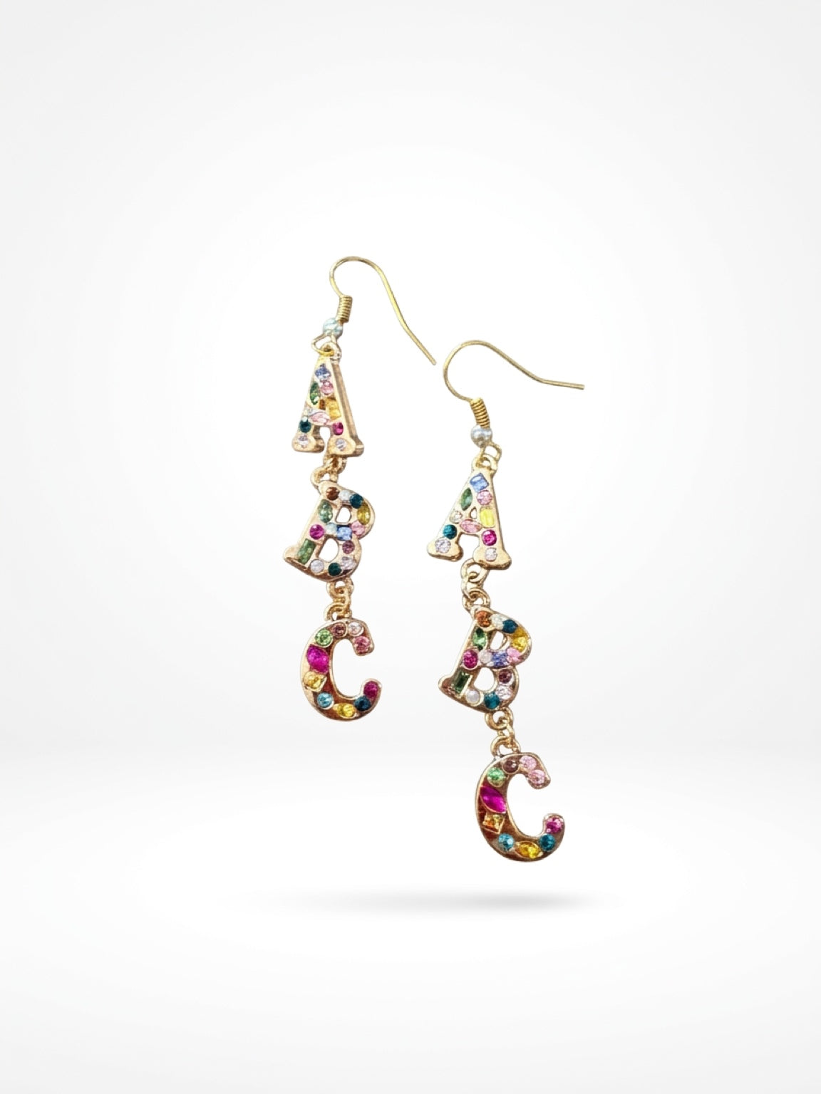ABC Rhinestone Dangle Earrings — Colorful Letter Charm Wire Earrings
